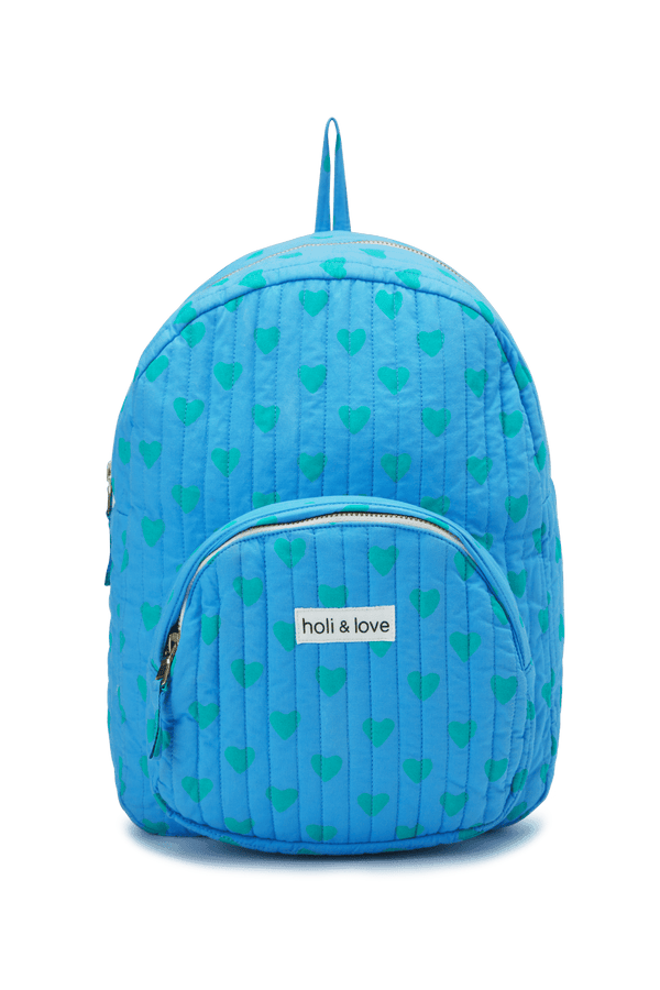 Sac à dos pour enfant avec une poche extérieure, fermeture zip, couleur bleu Hawaii motif cœurs verts, coton biologique, accessoire de mode ethique en coton bio mixte unisexe