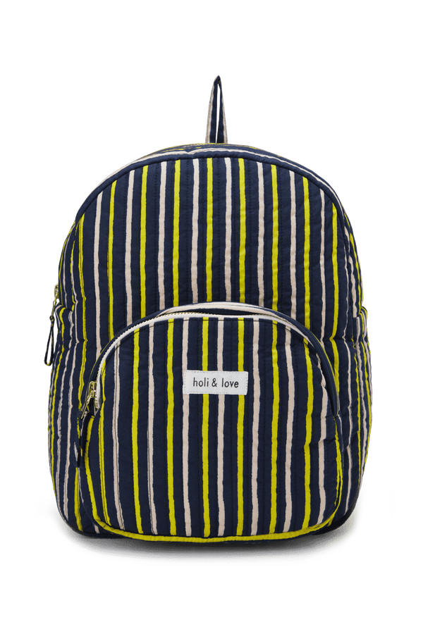 Sac à dos pour enfant avec une poche exterieure, fermeture zip, motif à rayures bleues marine, jaunes et rose, coton biologique, accessoire de mode ethique en coton bio mixte unisexe