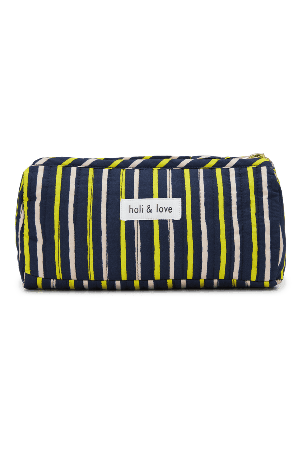 Trousse idéale pour des produits de cosmétiques ou des crayons, motif rayures bleu marine jaune et rose, accessoire de mode ethique en coton bio mixte unisexe