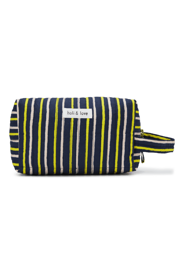 Grande trousse de toilette avec poignée et fermeture éclaire, motif rayure bleu marine jaune et rose, idéale pour les produits de beauté, les voyages vacances séjours maternité, accessoire de mode ethique en coton bio mixte unisexe