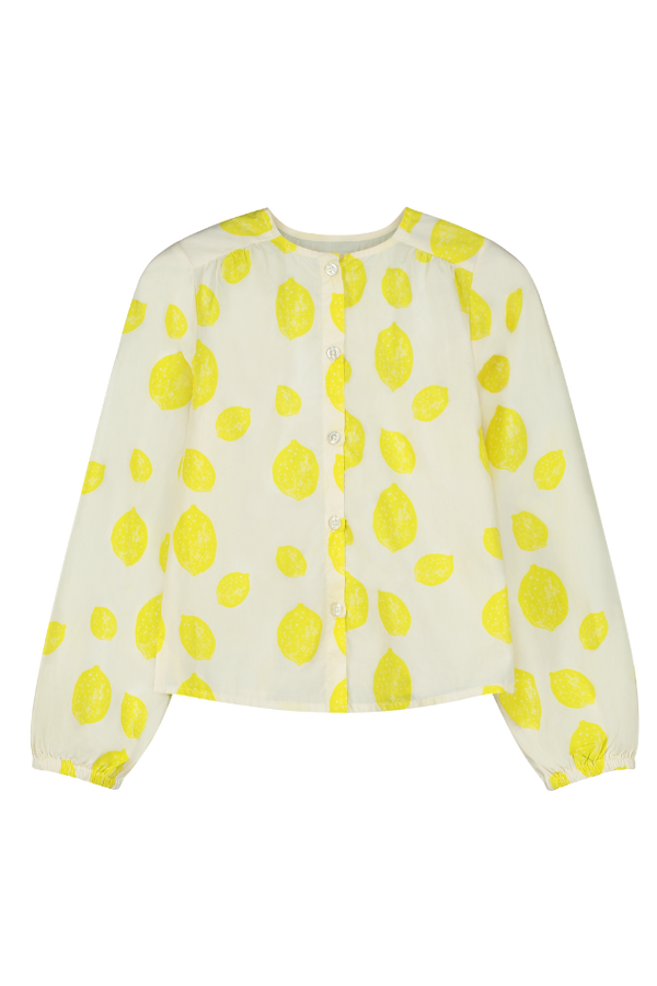 Blouse SASHA chemise à manches longues col rond pour enfant mixte unisexe en coton 100% bio certifié GOTS style vintage imprimé citrons, vue recto