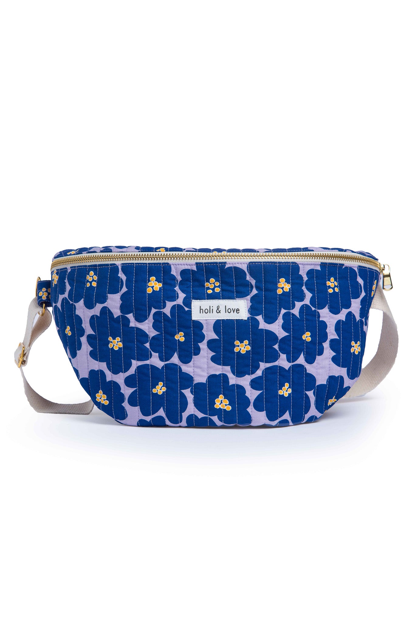 Banane en coton pour adulte, imprimé coloré, big flower, fleurs navy sur fond lilas. Grand sac pour femme à porter en bandoulière.