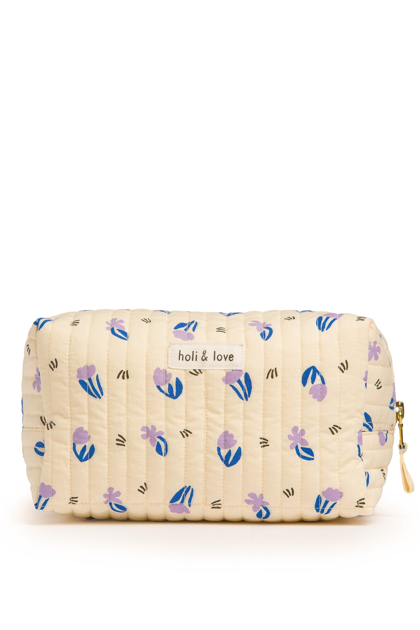 Trousse de toilette en coton matelassé, imprimé petites fleurs lilas avec logo holi and love sur le devant. Accessoire de beauté et voyage pour femme parfait pour ranger tous les essentiels maquillage et de voyage.